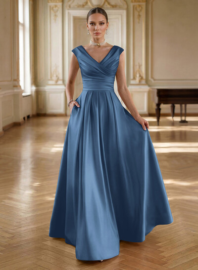 Elegant A-Line V-Neck Ruched Waist Floor-Length Satin Mother Of The Bride Dresses