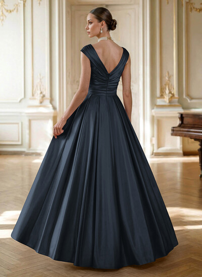 Elegant A-Line V-Neck Ruched Waist Floor-Length Satin Mother Of The Bride Dresses