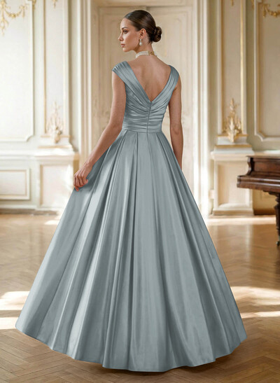 Elegant A-Line V-Neck Ruched Waist Floor-Length Satin Mother Of The Bride Dresses