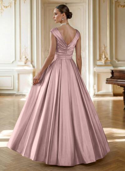 Elegant A-Line V-Neck Ruched Waist Floor-Length Satin Mother Of The Bride Dresses