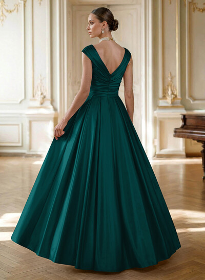 Elegant A-Line V-Neck Ruched Waist Floor-Length Satin Mother Of The Bride Dresses