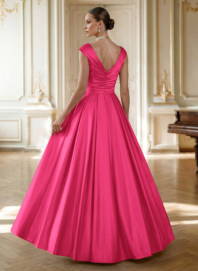 Elegant A-Line V-Neck Ruched Waist Floor-Length Satin Mother Of The Bride Dresses