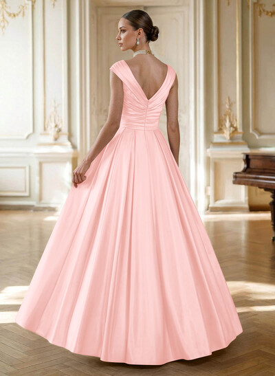 Elegant A-Line V-Neck Ruched Waist Floor-Length Satin Mother Of The Bride Dresses