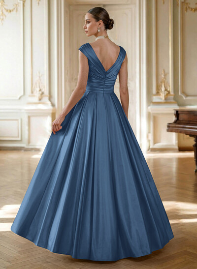 Elegant A-Line V-Neck Ruched Waist Floor-Length Satin Mother Of The Bride Dresses
