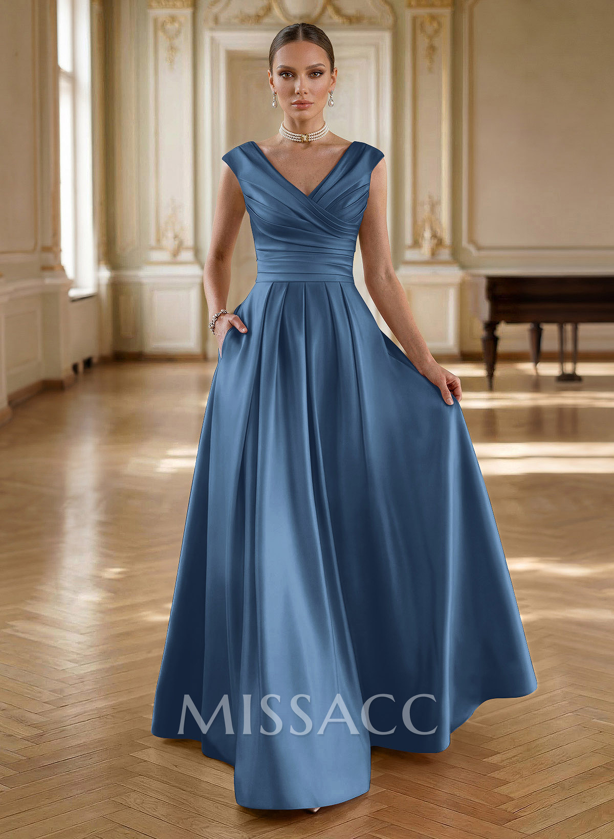 Elegant A-Line V-Neck Ruched Waist Floor-Length Satin Mother Of The Bride Dresses