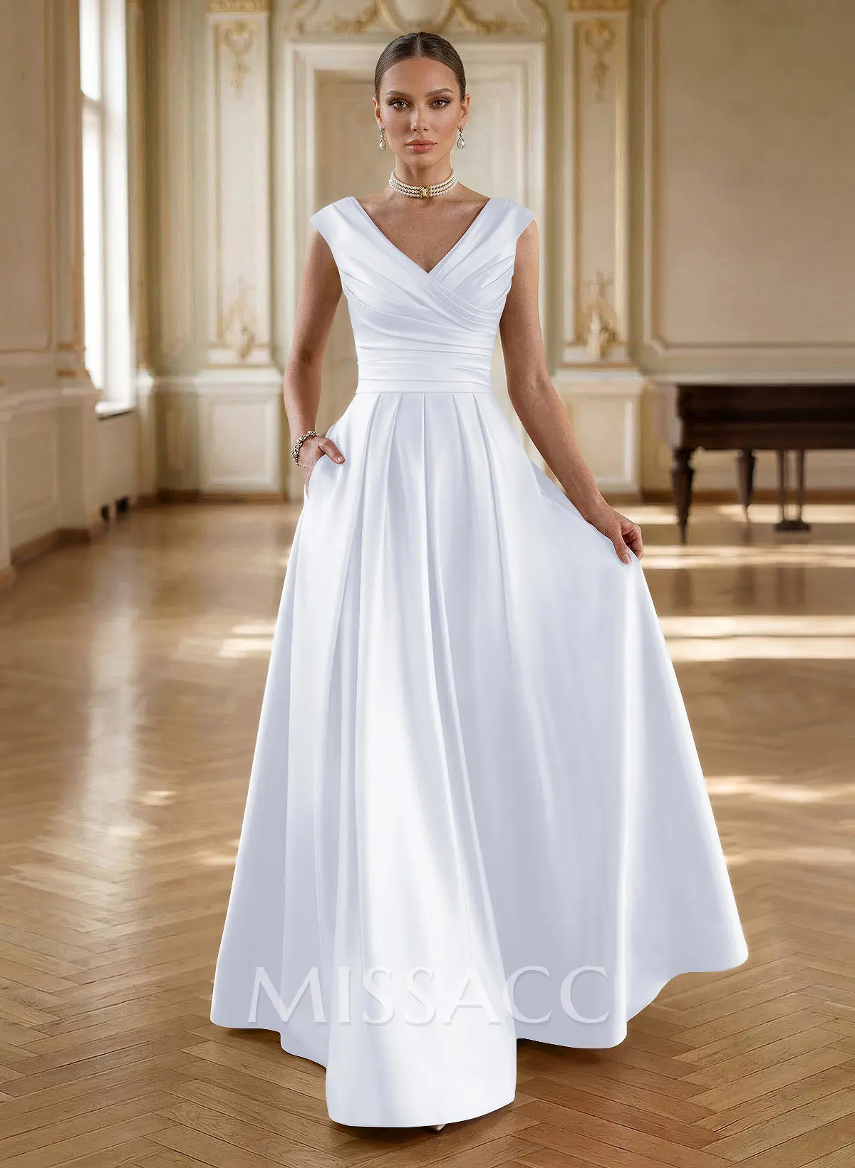 Elegant A-Line V-Neck Ruched Waist Floor-Length Satin Mother Of