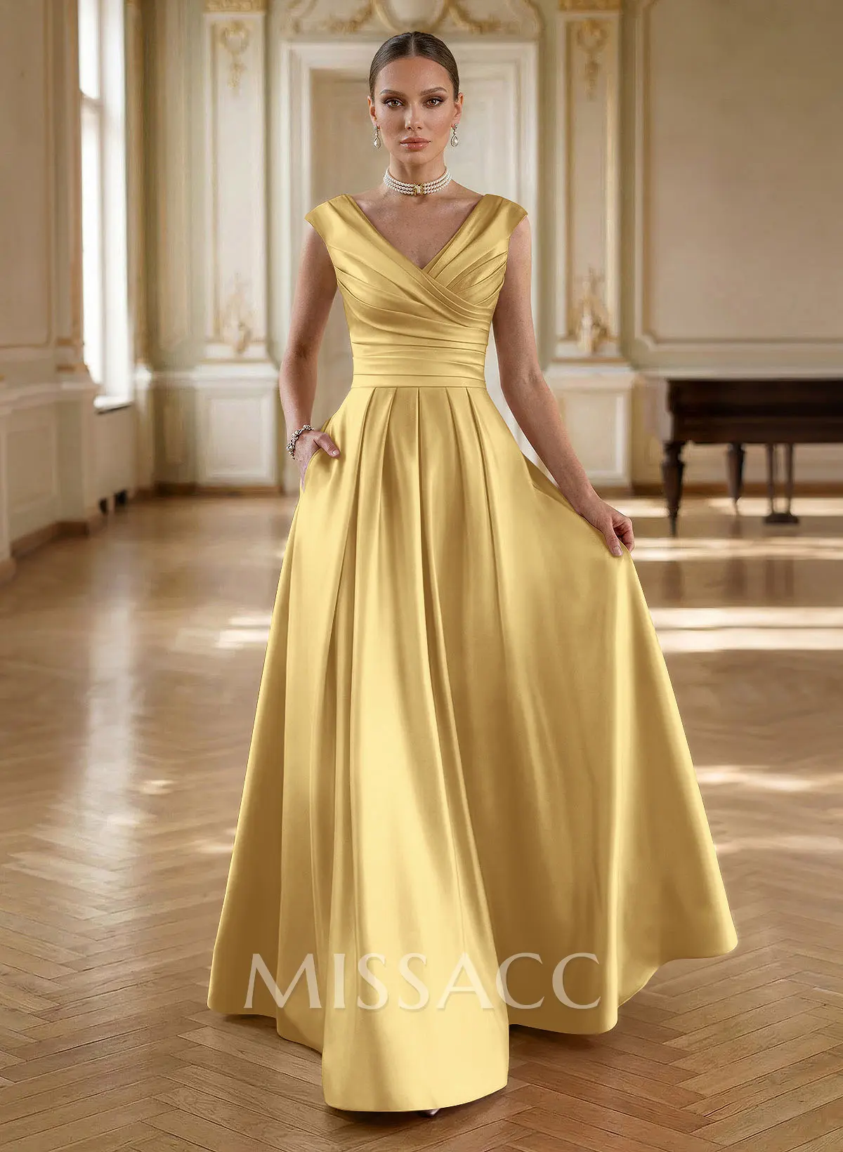 Elegant A-Line V-Neck Ruched Waist Floor-Length Satin Mother Of