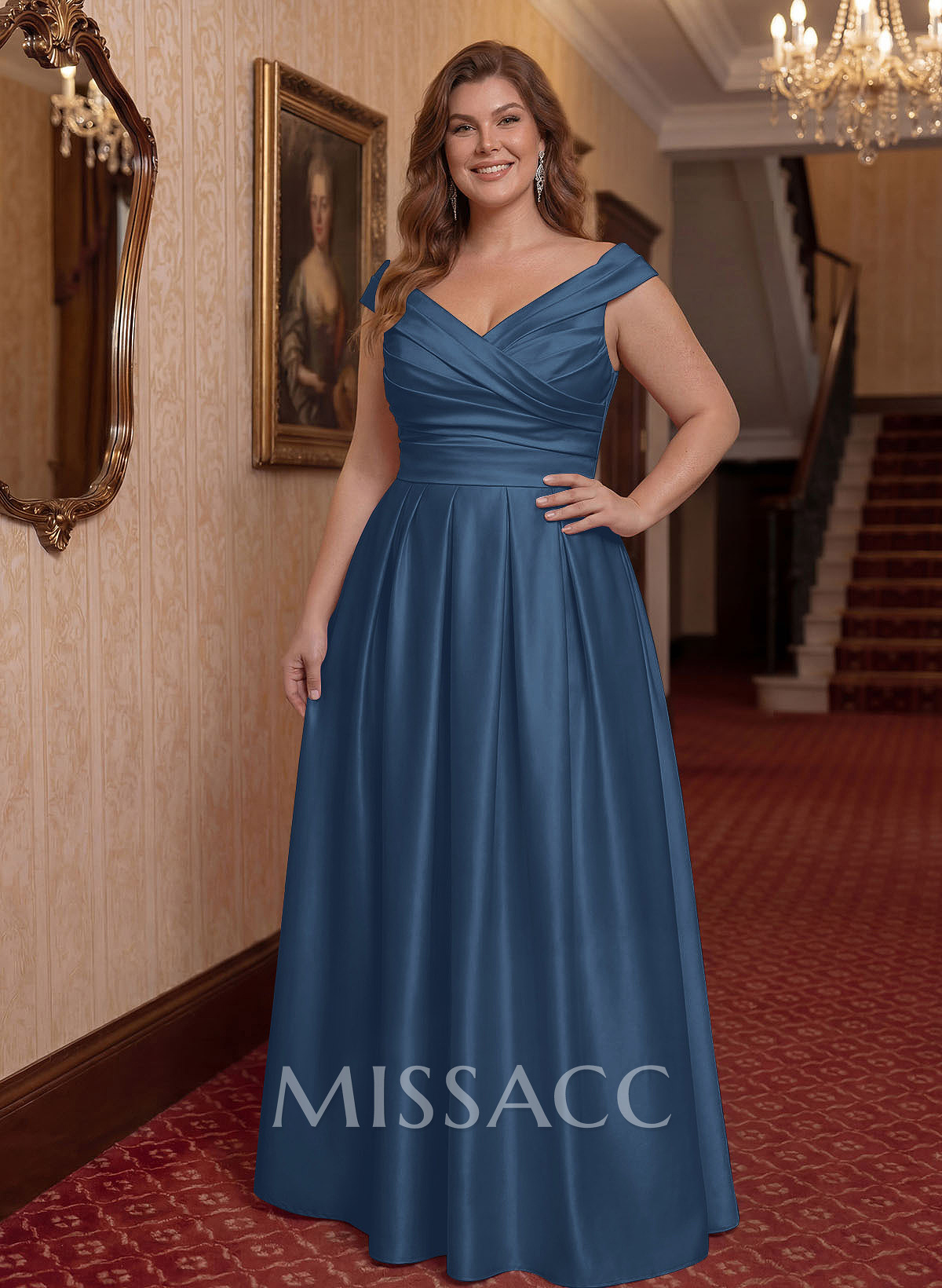 Elegant A-Line V-Neck Ruched Waist Floor-Length Satin Mother Of The Bride Dresses