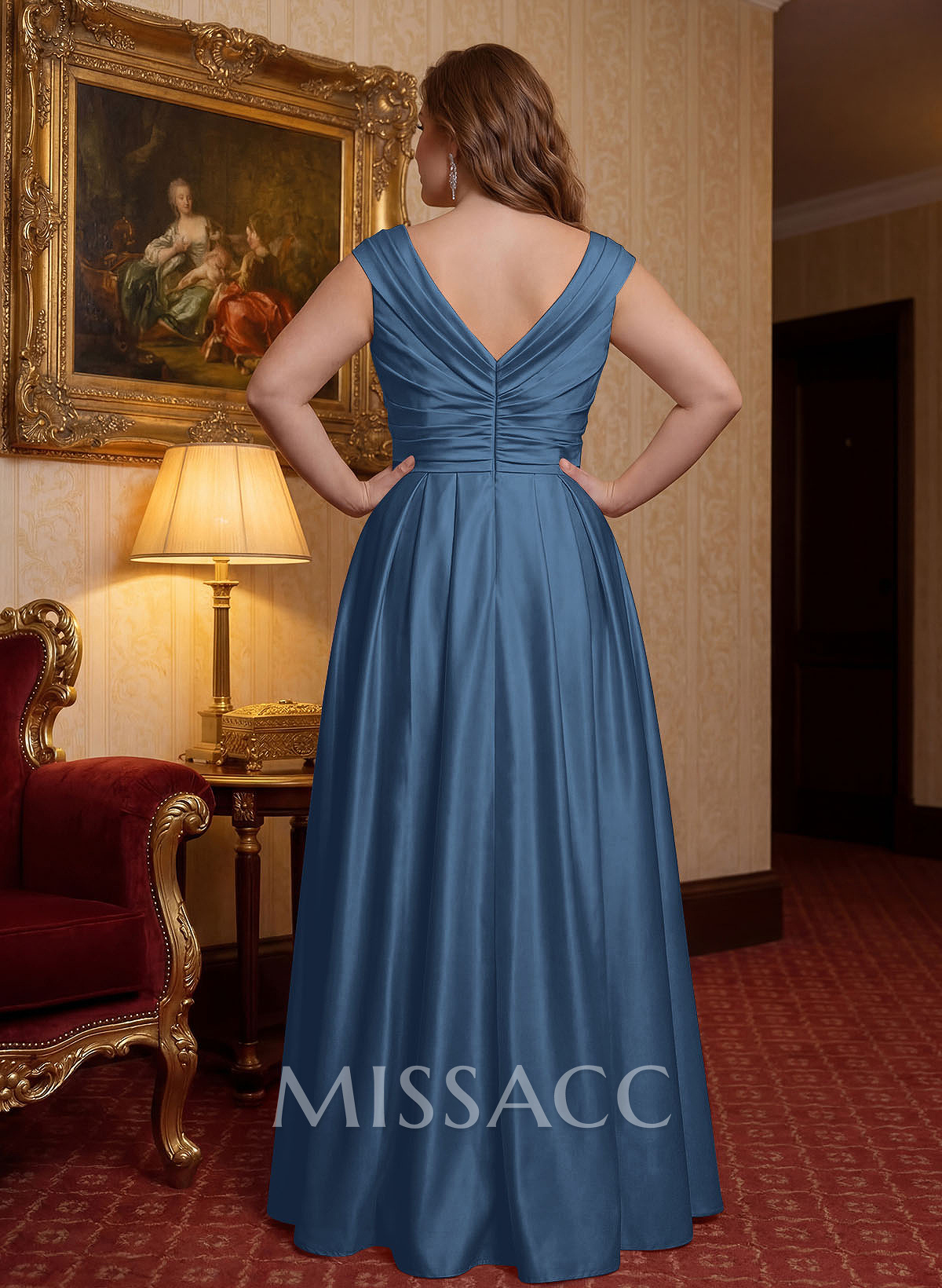 Elegant A-Line V-Neck Ruched Waist Floor-Length Satin Mother Of The Bride Dresses