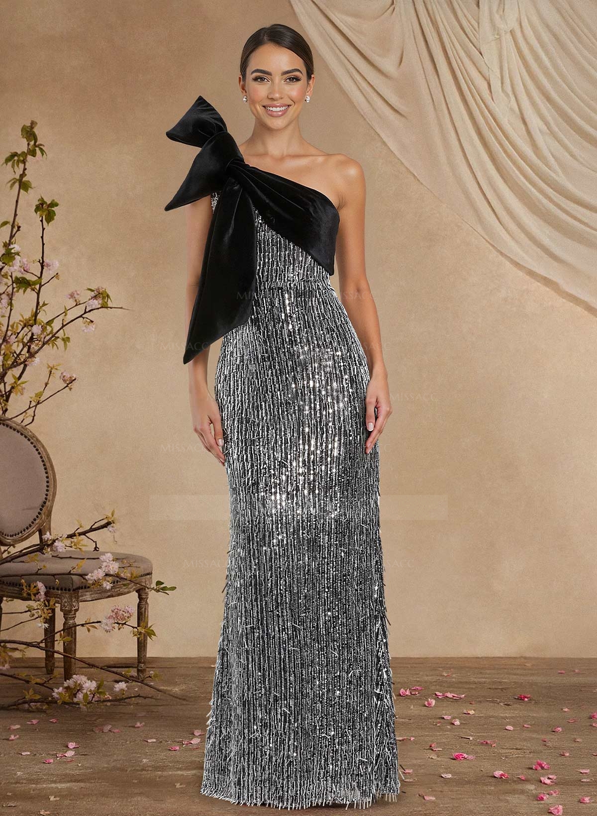 Sheath/Column One-Shoulder Sleeveless Floor-Length S Mother Of The Bride Dresses With Bow(s)