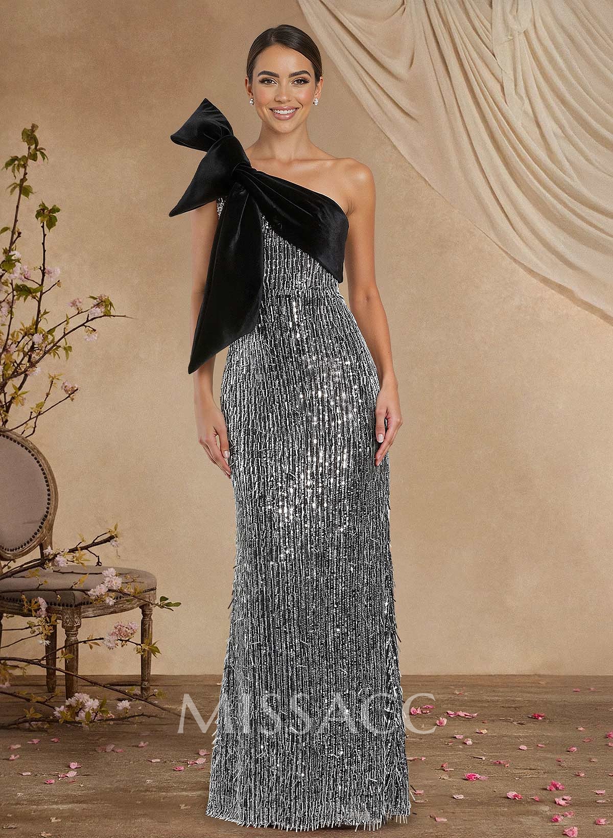 Sheath/Column One-Shoulder Sleeveless Floor-Length S Mother Of The Bride Dresses With Bow(s)