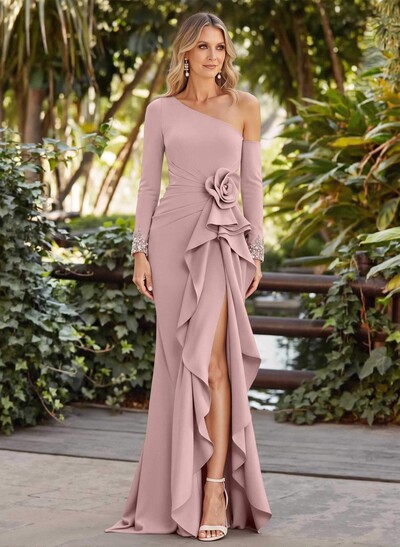 One-Shoulder Stretch Satin Mermaid Mother Of The Bride Dress With Sweep Train And High Split