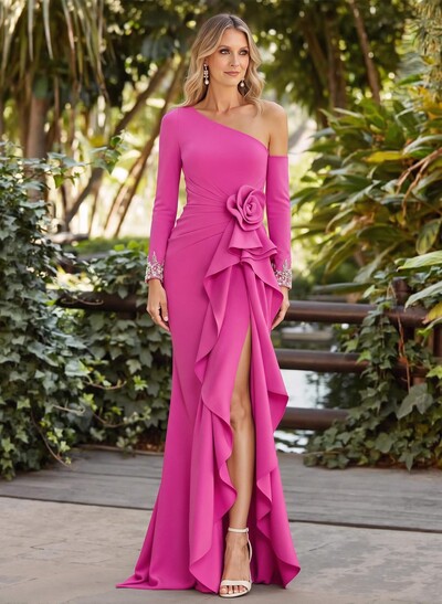 One-Shoulder Stretch Satin Mermaid Mother Of The Bride Dress With Sweep Train And High Split