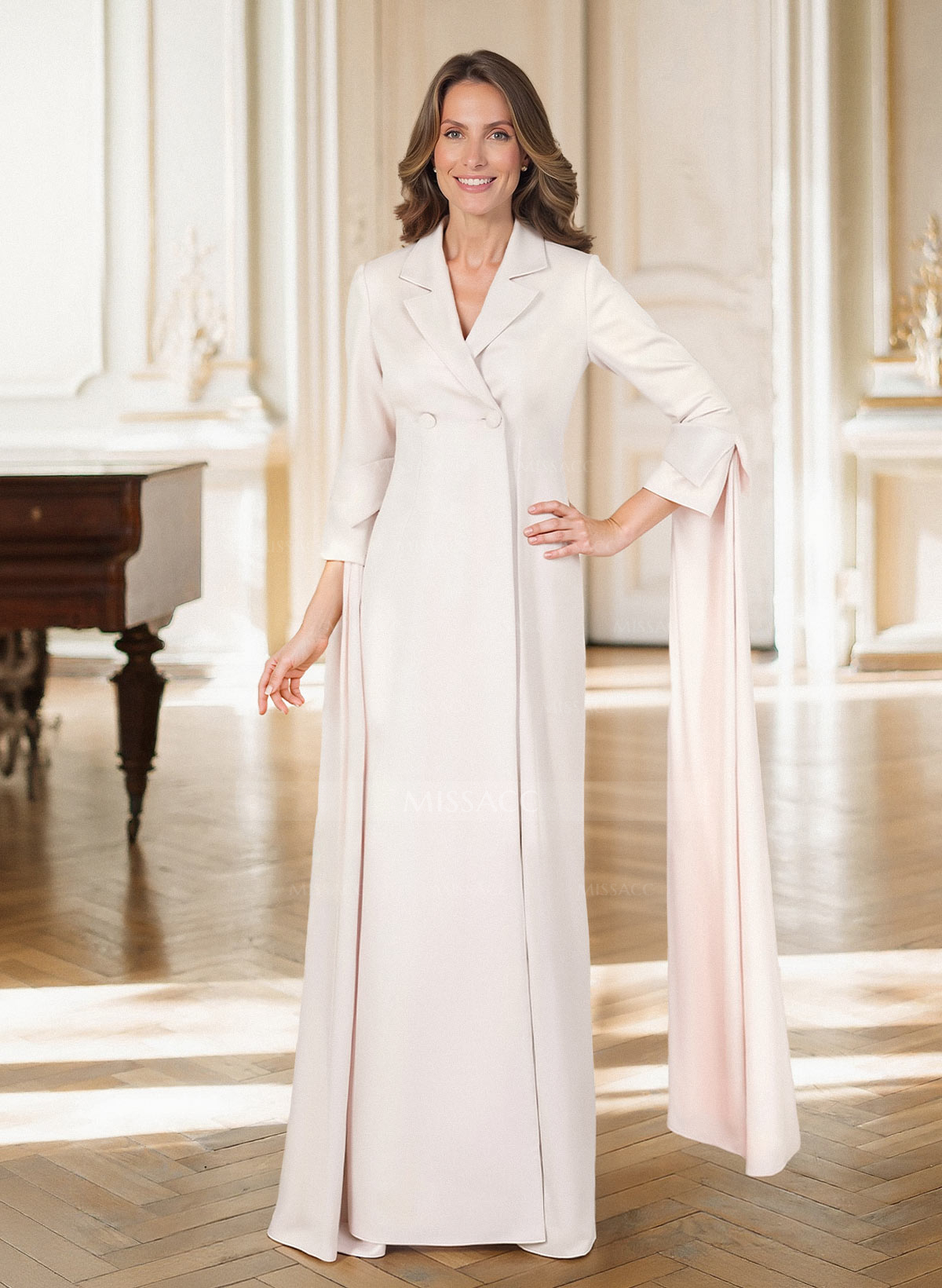 A-Line V-Neck Long Sleeves Floor-Length Elastic Satin Mother Of The Bride Dresses
