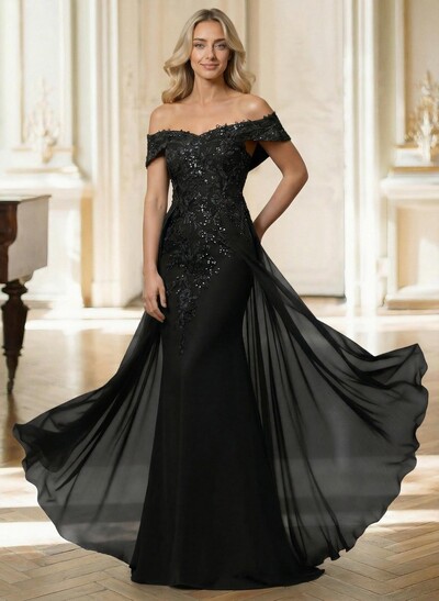 Sheath/Column Off-The-Shoulder Sleeveless Chiffon Mother Of The Bride Dresses With Overskirt Dress