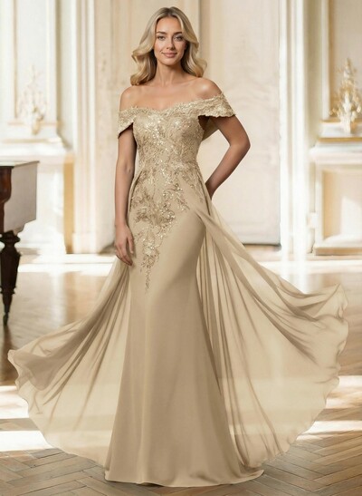 Sheath/Column Off-The-Shoulder Sleeveless Chiffon Mother Of The Bride Dresses With Overskirt Dress