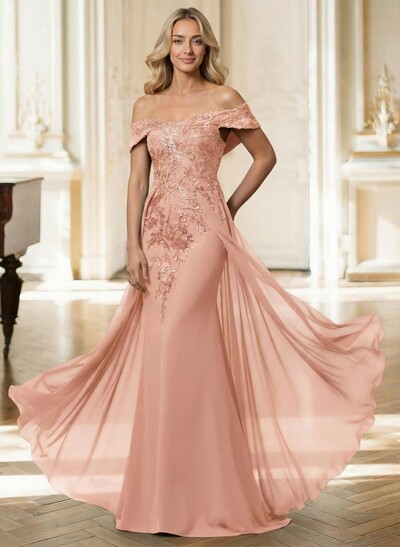 Sheath/Column Off-The-Shoulder Sleeveless Chiffon Mother Of The Bride Dresses With Overskirt Dress