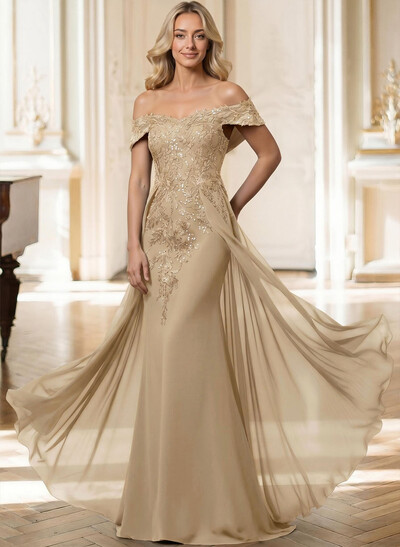 Sheath/Column Off-The-Shoulder Sleeveless Chiffon Mother Of The Bride Dresses With Overskirt Dress