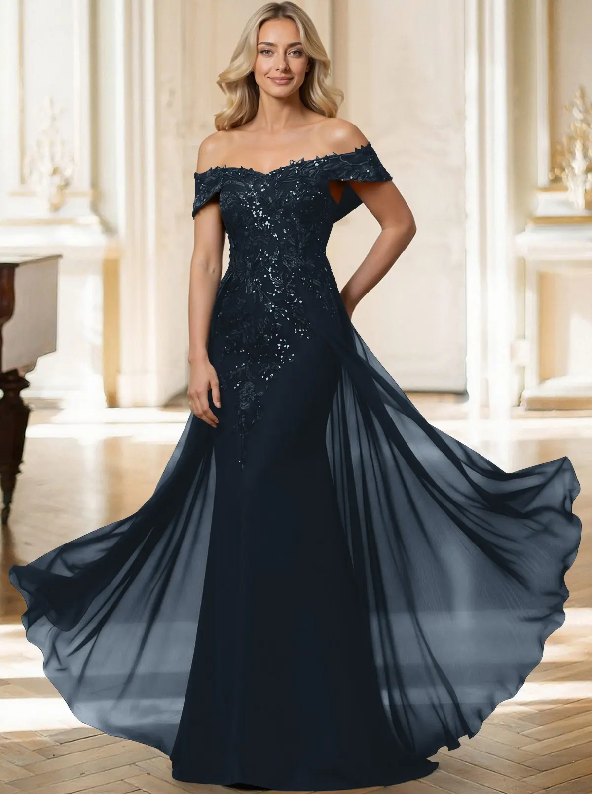 Sheath/Column Off-The-Shoulder Sleeveless Chiffon Mother Of The Bride Dresses With Overskirt Dress