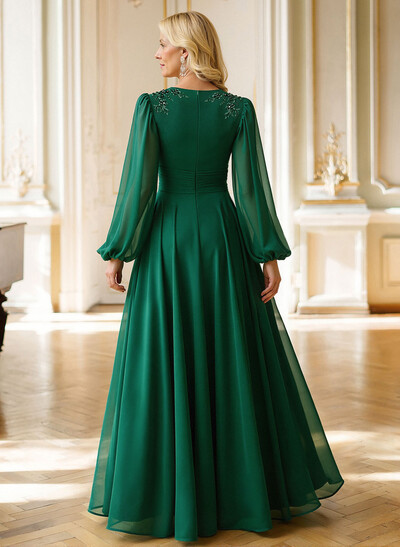 A-Line V-Neck Long Sleeves Floor-Length Chiffon Mother Of The Bride Dresses With Appliques Lace