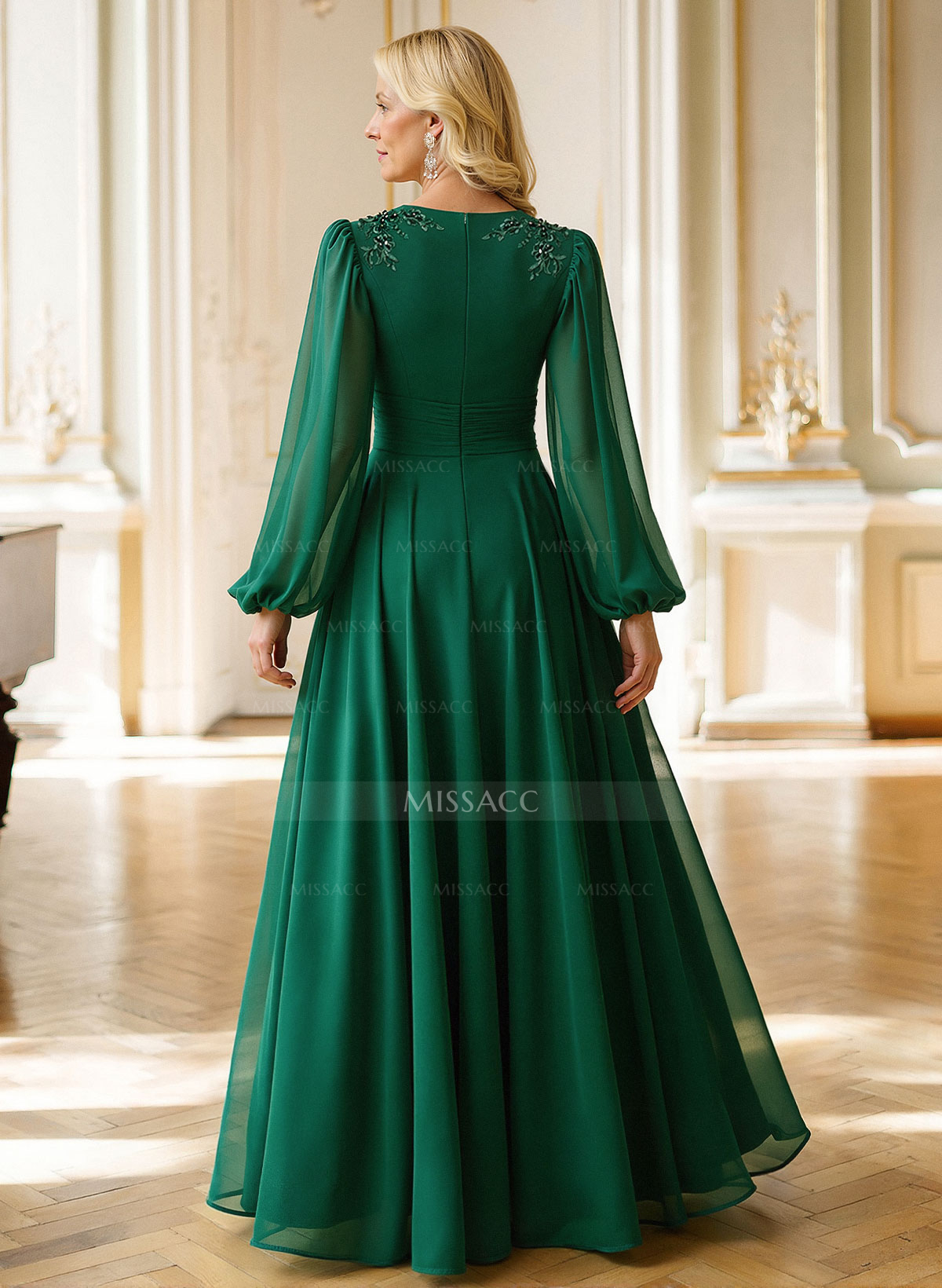 A-Line V-Neck Long Sleeves Floor-Length Chiffon Mother Of The Bride Dresses With Appliques Lace
