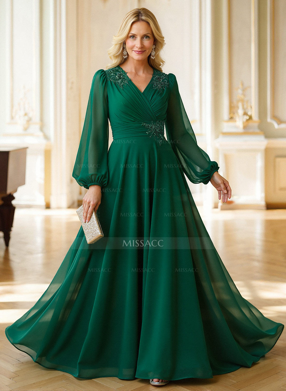 A-Line V-Neck Long Sleeves Floor-Length Chiffon Mother Of The Bride Dresses With Appliques Lace