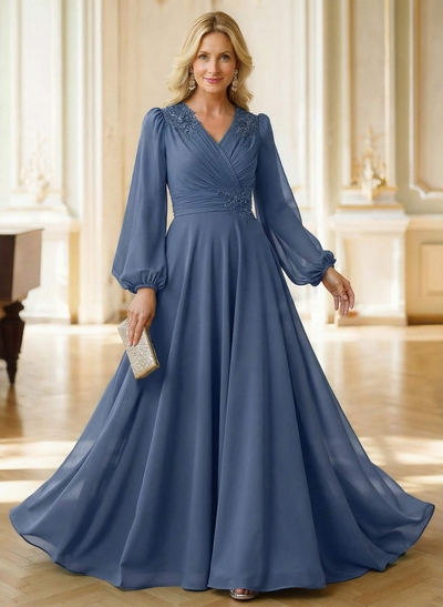 A-Line V-Neck Long Sleeves Floor-Length Chiffon Mother Of The Bride Dresses With Appliques Lace