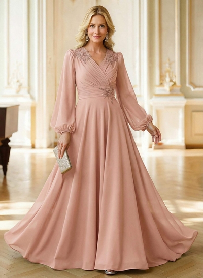 A-Line V-Neck Long Sleeves Floor-Length Chiffon Mother Of The Bride Dresses With Appliques Lace