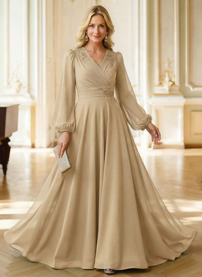 A-Line V-Neck Long Sleeves Floor-Length Chiffon Mother Of The Bride Dresses With Appliques Lace