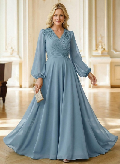 A-Line V-Neck Long Sleeves Floor-Length Chiffon Mother Of The Bride Dresses With Appliques Lace
