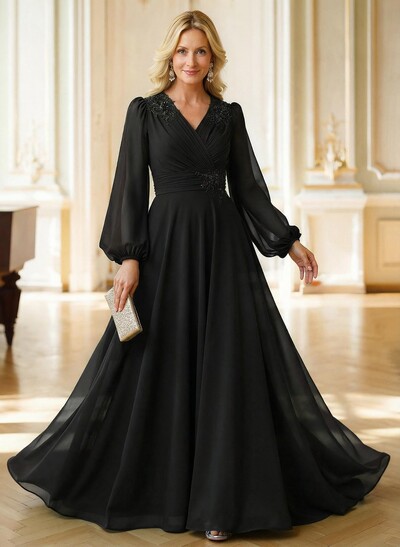 A-Line V-Neck Long Sleeves Floor-Length Chiffon Mother Of The Bride Dresses With Appliques Lace