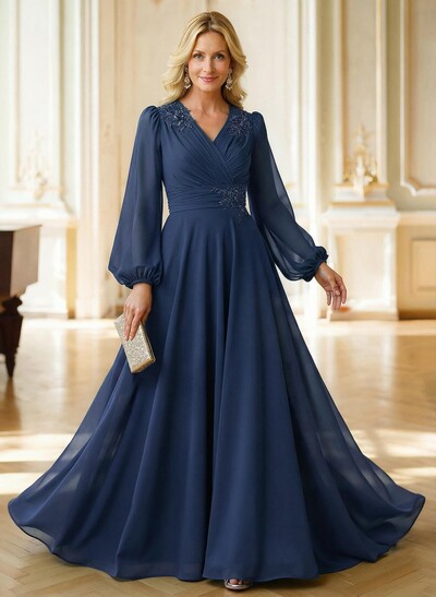 A-Line V-Neck Long Sleeves Floor-Length Chiffon Mother Of The Bride Dresses With Appliques Lace