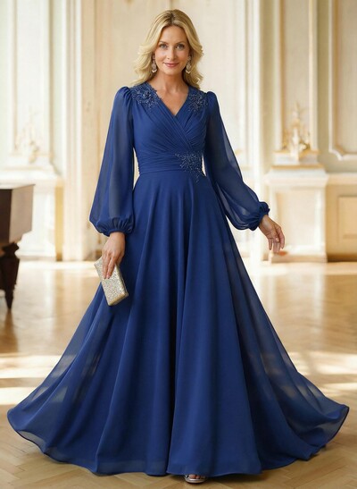 A-Line V-Neck Long Sleeves Floor-Length Chiffon Mother Of The Bride Dresses With Appliques Lace