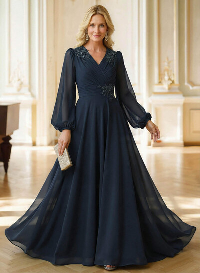 A-Line V-Neck Long Sleeves Floor-Length Chiffon Mother Of The Bride Dresses With Appliques Lace