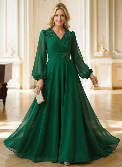 A-Line V-Neck Long Sleeves Floor-Length Chiffon Mother Of The Bride Dresses With Appliques Lace
