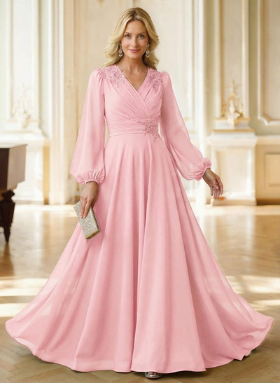A-Line V-Neck Long Sleeves Floor-Length Chiffon Mother Of The Bride Dresses With Appliques Lace