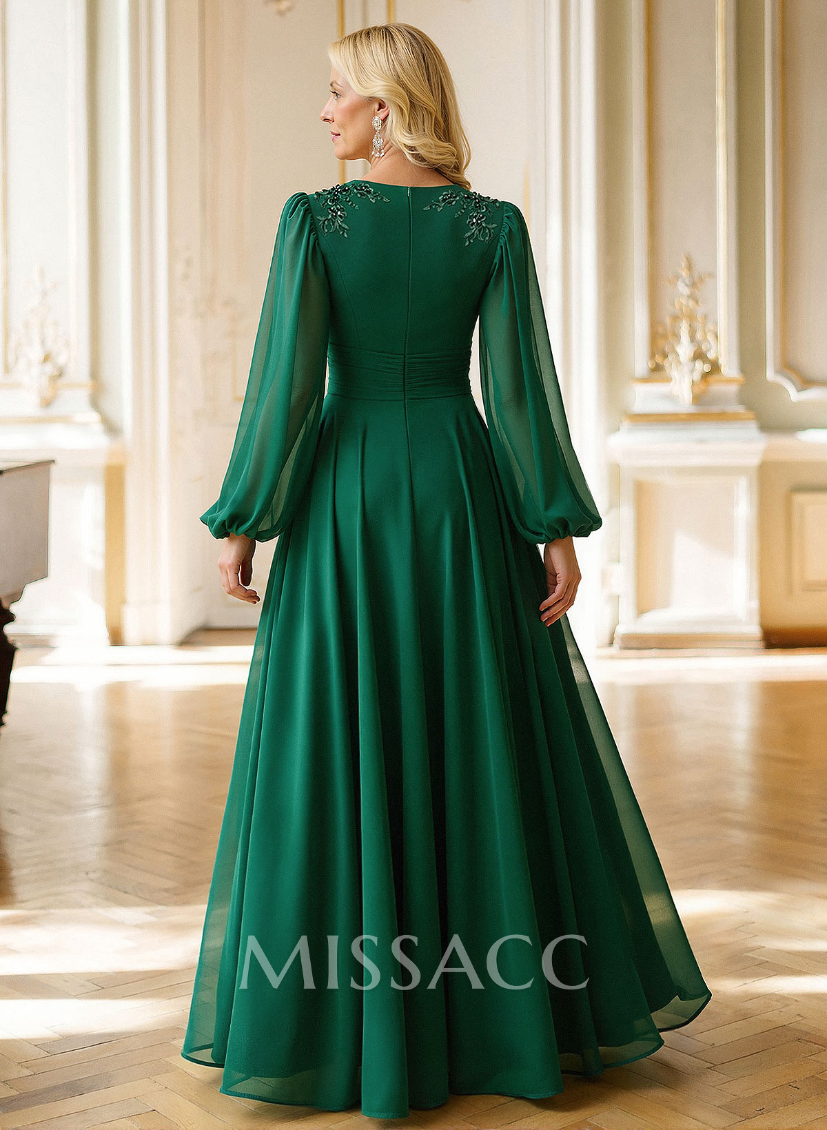 A-Line V-Neck Long Sleeves Floor-Length Chiffon Mother Of The Bride Dresses With Appliques Lace