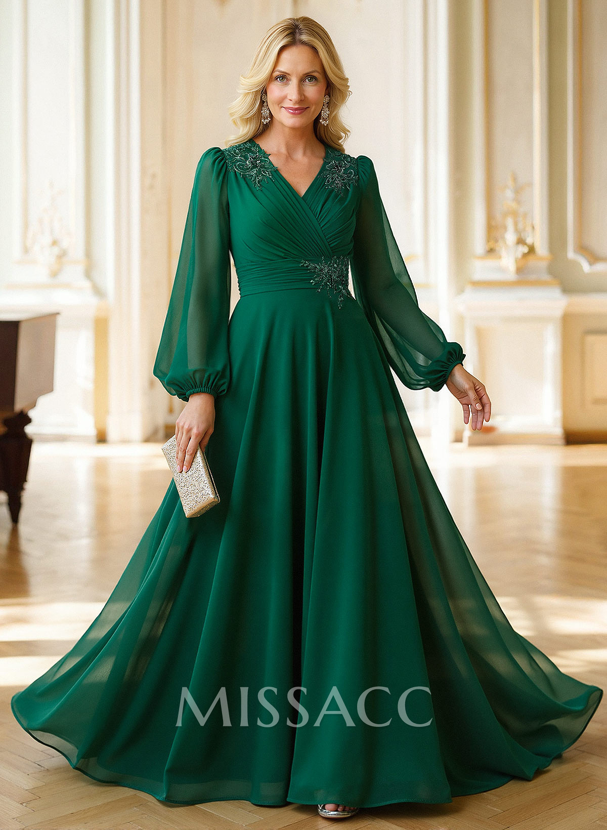A-Line V-Neck Long Sleeves Floor-Length Chiffon Mother Of The Bride Dresses With Appliques Lace