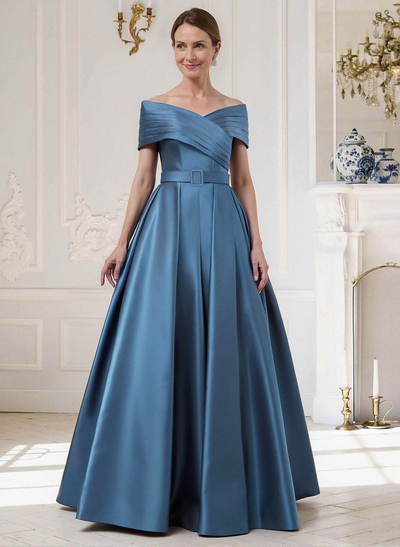 A-Line Off-The-Shoulder Sleeveless Floor-Length Satin Mother Of The Bride Dresses