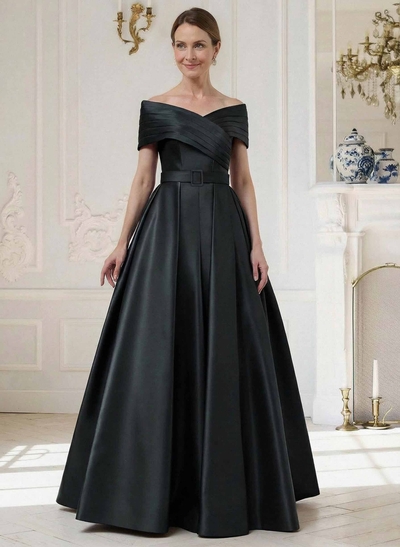 A-Line Off-The-Shoulder Sleeveless Floor-Length Satin Mother Of The Bride Dresses