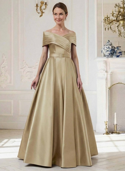 A-Line Off-The-Shoulder Sleeveless Floor-Length Satin Mother Of The Bride Dresses