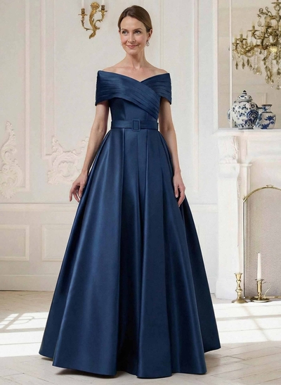 A-Line Off-The-Shoulder Sleeveless Floor-Length Satin Mother Of The Bride Dresses
