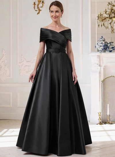 A-Line Off-The-Shoulder Sleeveless Floor-Length Satin Mother Of The Bride Dresses