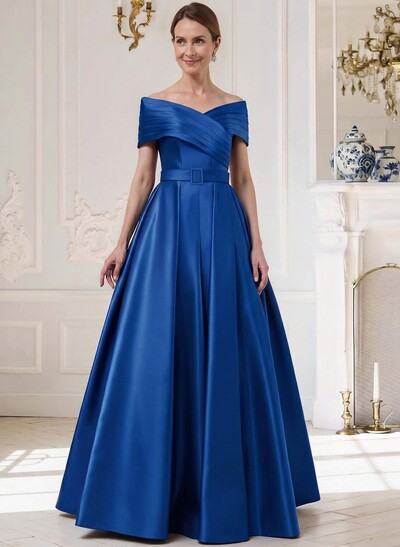A-Line Off-The-Shoulder Sleeveless Floor-Length Satin Mother Of The Bride Dresses