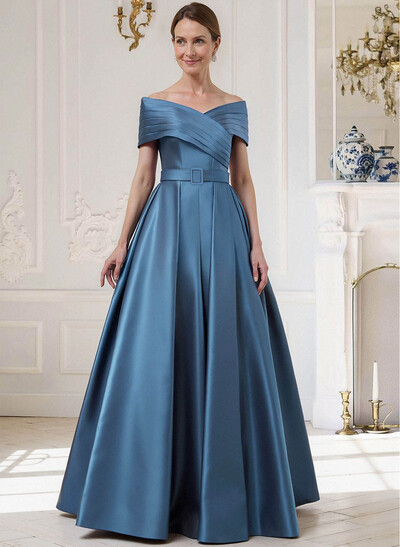 A-Line Off-The-Shoulder Sleeveless Floor-Length Satin Mother Of The Bride Dresses