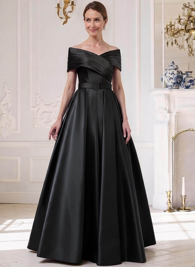 A-Line Off-The-Shoulder Sleeveless Floor-Length Satin Mother Of The Bride Dresses