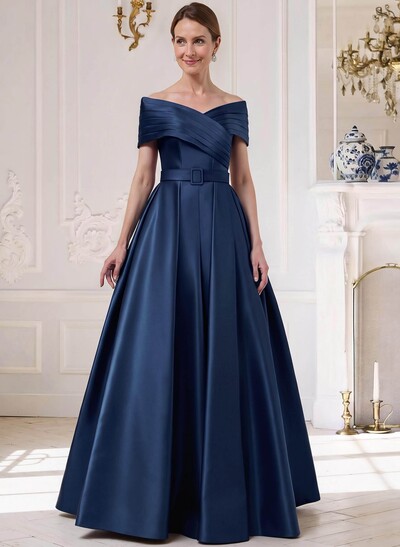 A-Line Off-The-Shoulder Sleeveless Floor-Length Satin Mother Of The Bride Dresses