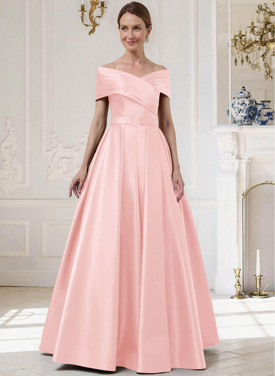 A-Line Off-The-Shoulder Sleeveless Floor-Length Satin Mother Of The Bride Dresses
