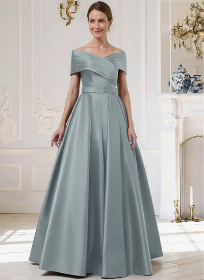 A-Line Off-The-Shoulder Sleeveless Floor-Length Satin Mother Of The Bride Dresses