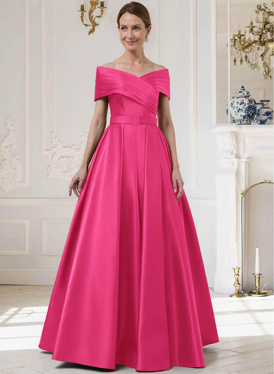 A-Line Off-The-Shoulder Sleeveless Floor-Length Satin Mother Of The Bride Dresses